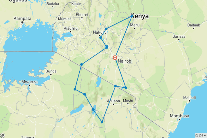 Kaart van 15 Dagen Kenia & Tanzania Combo Safari