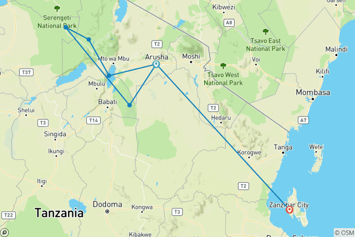 Map of 9-Days in the wild including 2 nights in Serengeti and 3 days in Zanzibar.