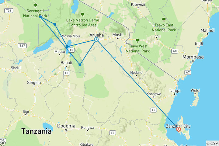 Map of 9-Days Budget safari in the wild including 2 nights in Serengeti and 3 days in Zanzibar.