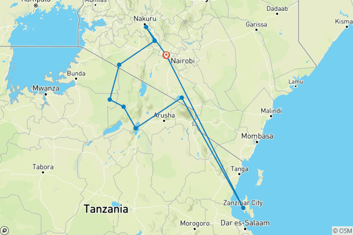 Kaart van 16 Dagen Best of Africa Bush & Zanzibar Beach Holiday Safari