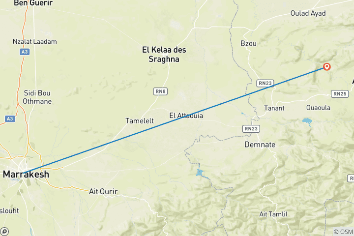 Carte du circuit Au départ de Marrakech : Trek guidée et excursion en bateau aux cascades d'Ouzoud