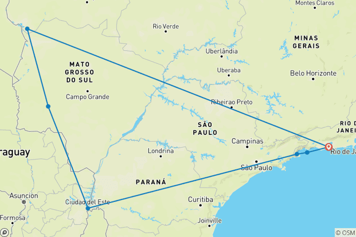 Carte du circuit Voyage sur mesure avec escorte au Brésil avec départ quotidien et guide privé