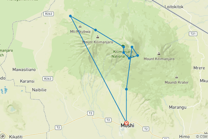 Map of mount kilimanjaro climbing via lemosho route 9 days Tanzania (all accommodation and transport are included)