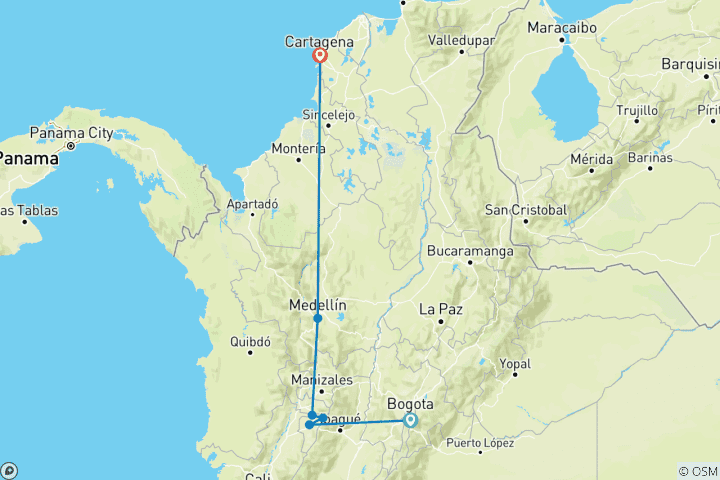 Carte du circuit Vacances classiques sur mesure en Colombie avec départ quotidien et guide privé