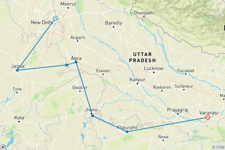 Mapa de Norte de la India clásico: Delhi, Jaipur, Agra, Orchha, Khajuraho y Benarés.