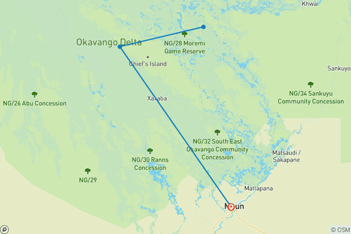 Map of 5-Day Okavango Delta & Boteti River Camping Safari