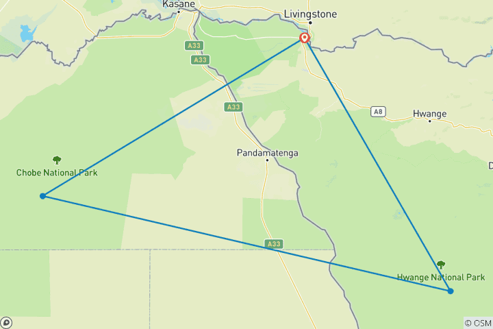 Map of 8 days Ultimate Victoria Falls, Chobe national park & Hwange