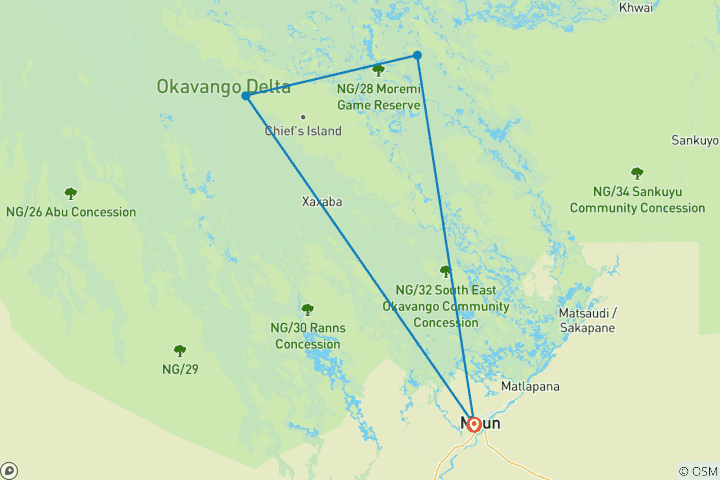 Carte du circuit Safari camping de 4 jours dans le delta de l'Okavango et la rivière Boteti