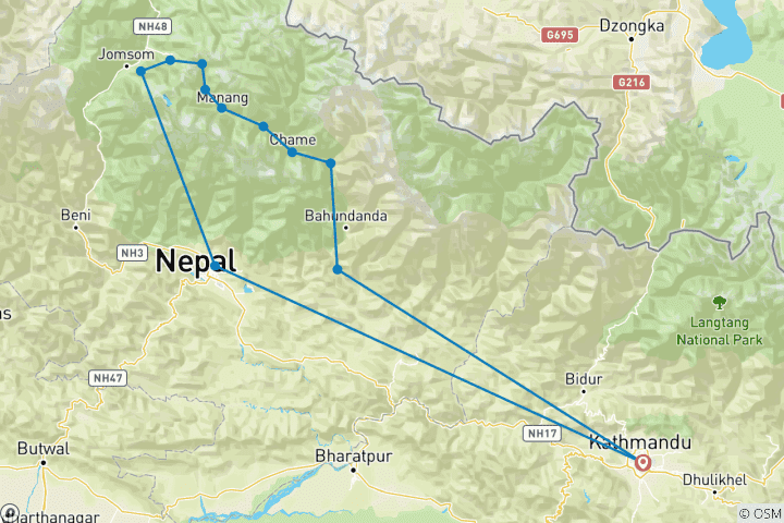 Map of Small Group Annapurna Circuit Trek 13 Days