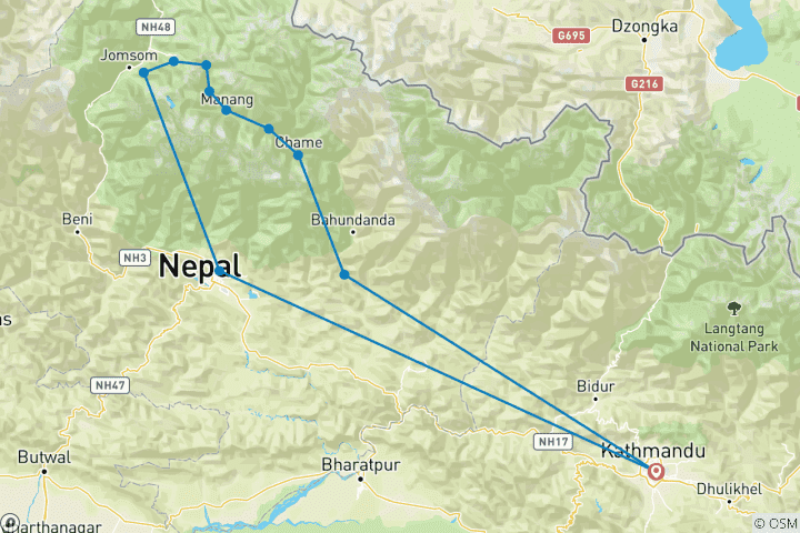 Map of Small Group Annapurna Circuit Trek 12 Days