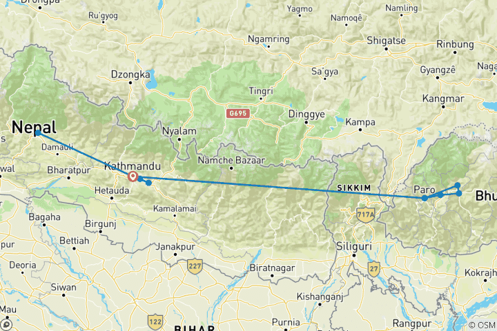 Map of Nepal and Bhutan - Highlights