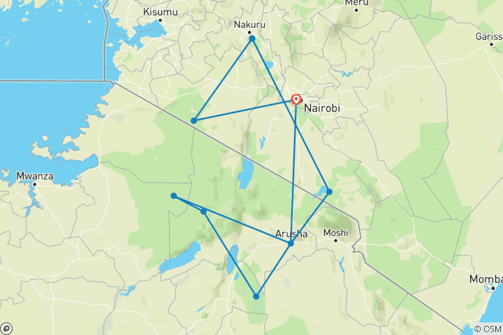 Map of 13 Days Tanzania  And Kenya MidRange Lodge  Safari