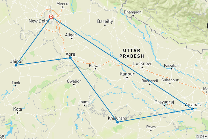 Carte du circuit Retraite royale indienne : circuit 5 étoiles avec visites de Varanasi et Khajuraho