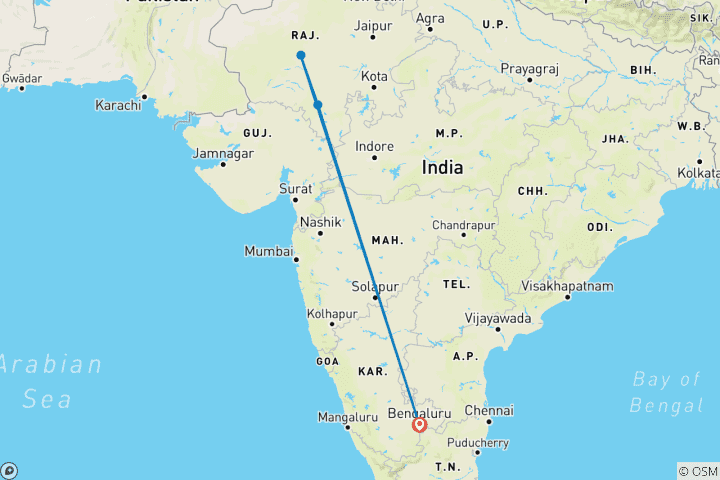 Map of An Exclusive Private Luxury Tour to Rajasthan's Udaipur and Jodhpur (From Bangalore with Flights)