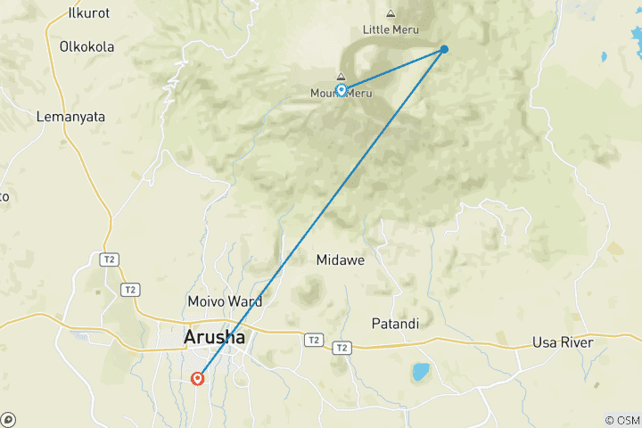 Map of 4 days mount meru climbing Tanzania  (all accommodation and transport are included)