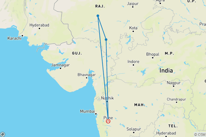 Mapa de Majestuosos fuertes y palacios de Rajastán: un circuito privado guiado de lujo - desde Pune con vuelos. Las preciosas ciudades de Udaipur y Jodhpur