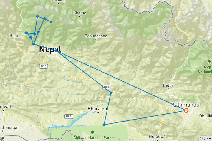 Mapa de Excursionismo en campamento base del Annapurna y safari por la jungla de Chitwan