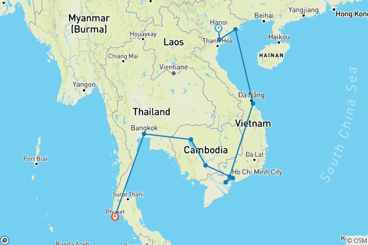 Map of Splendid of Vietnam, Cambodia and Thailand 18 Days