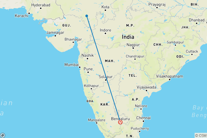 Carte du circuit Un week- end privé de luxe avec guide à la découverte des magnifiques forts et palais d'Udaipur - à partir de Bangalore avec vols