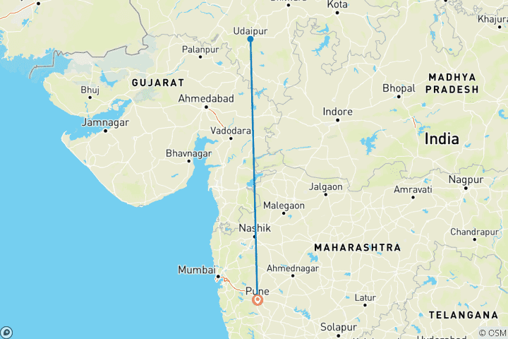 Mapa de Un circuito privado de lujo guiado fin de semana a los Preciosos fuertes y palacios de Udaipur - desde Pune con vuelos