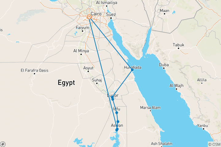 Map of 8 Days Pyramids and Nile Cruise Aswan - Abu simbel - Luxor - Hurghada