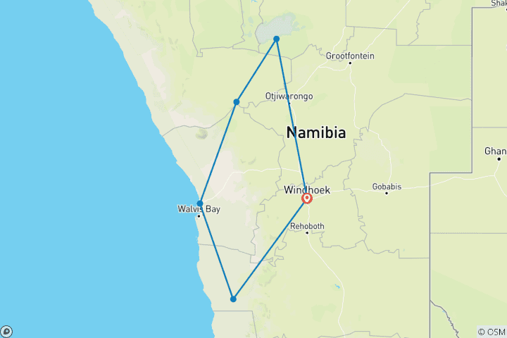 Carte du circuit Circuit de 10 jours dans le désert du Kalahari, Sossusvlei, Swakopmund et le parc national d'Etosha