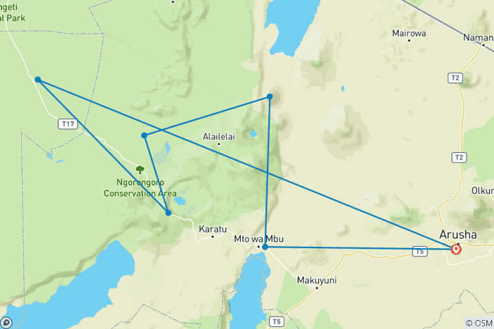 Map of 8 Days Ngorongoro High Lands & Serengeti Package