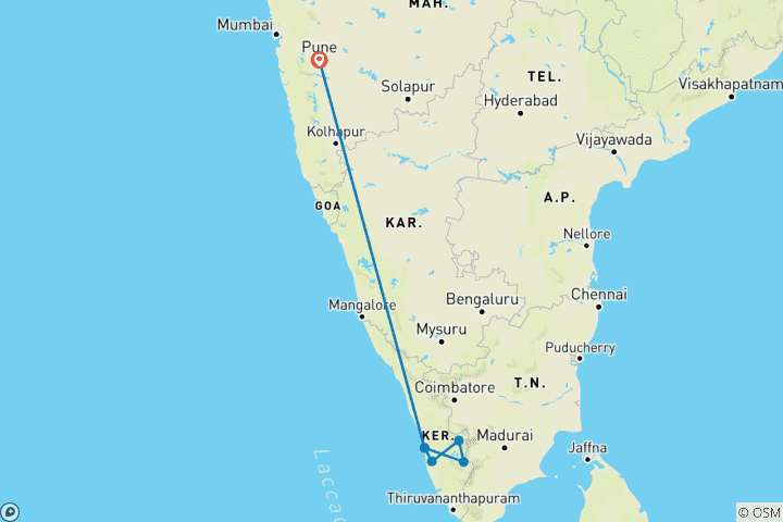 Map of A Private Luxury Tour to Kerala's Backwaters, Tea and Spice Plantation, Wildlife Sanctuary (From Pune with flights): Kumarakom, Munnar, Thekkady and Periyar