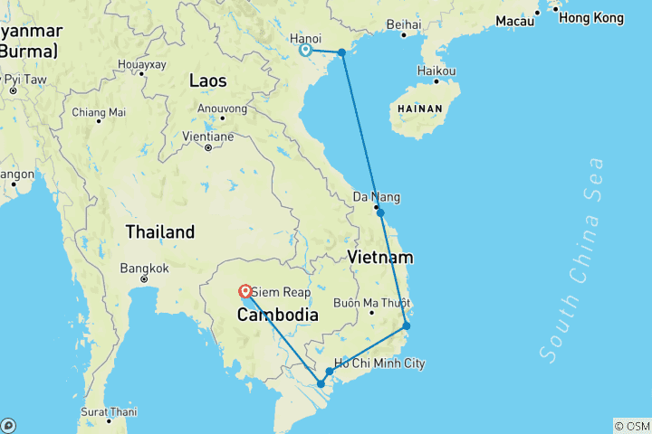 Karte von Perfekter Vietnam und Kambodscha Urlaub in 15 Tagen - Halong Bay/ Hoi An/ Nha Trang/ Siem Reap