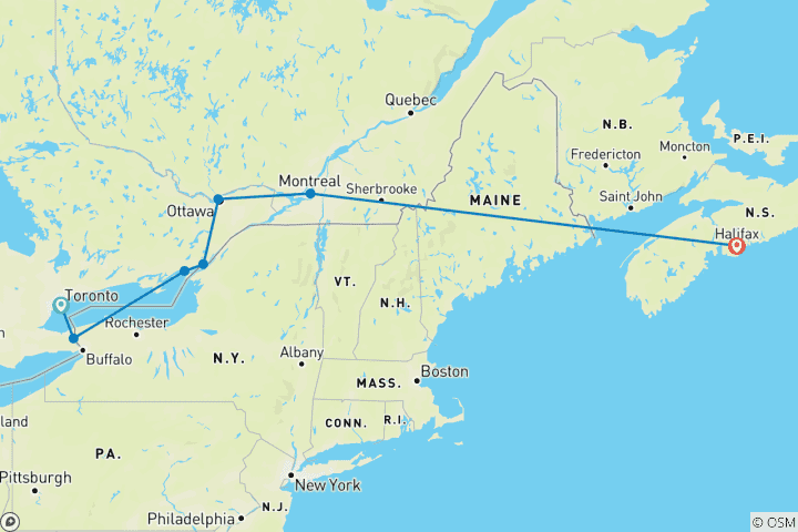 Carte du circuit Ontario et Canada français avec train océanique jusqu'à Halifax