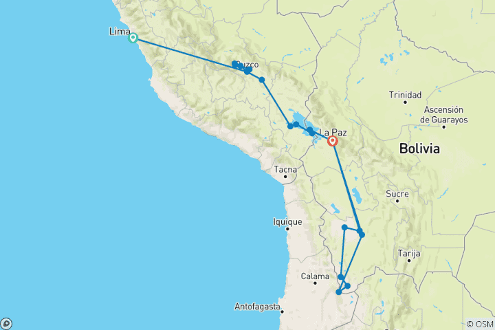 Carte du circuit Le meilleur du Pérou et de la Bolivie en budget : Lima, Cusco, Vallée Sacrée, Machupicchu, Montagne Arc-en-ciel, Lac Humantay ou Moray et mines de sel, Lac Titicaca, Copacabana, Île du Soleil, Salines d'Uyuni et tous les lagons.
