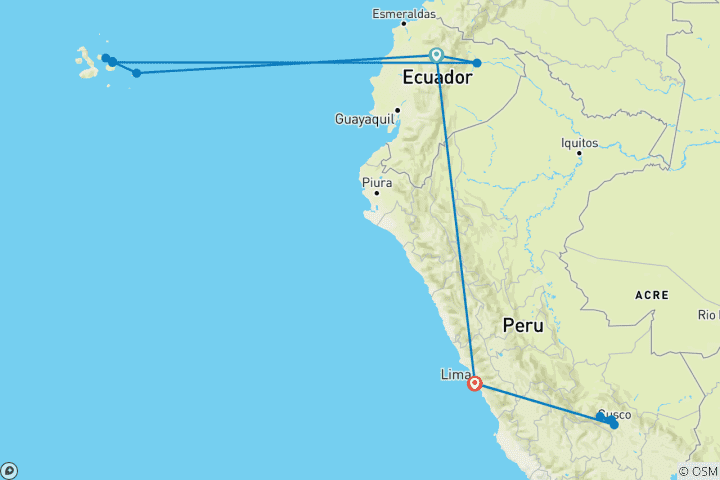 Carte du circuit Croisière indépendante aux Galápagos à bord du Galápagos Legend avec l'Amazonie équatorienne et le Pérou