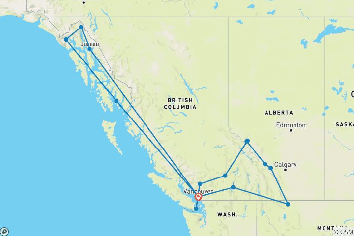 Map of Grand Western Canada Vacation with Alaska Cruise