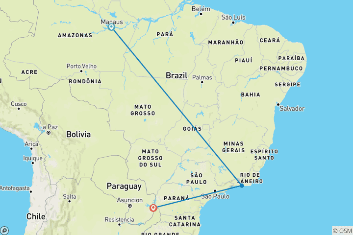 Map of Independent Rio de Janeiro and Iguassu Falls with Brazil's Amazon