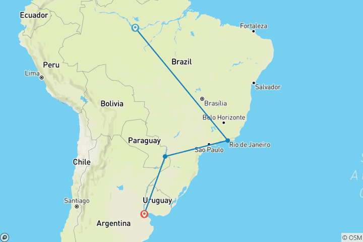 Carte du circuit Brésil et Argentine indépendants avec l'Amazonie brésilienne