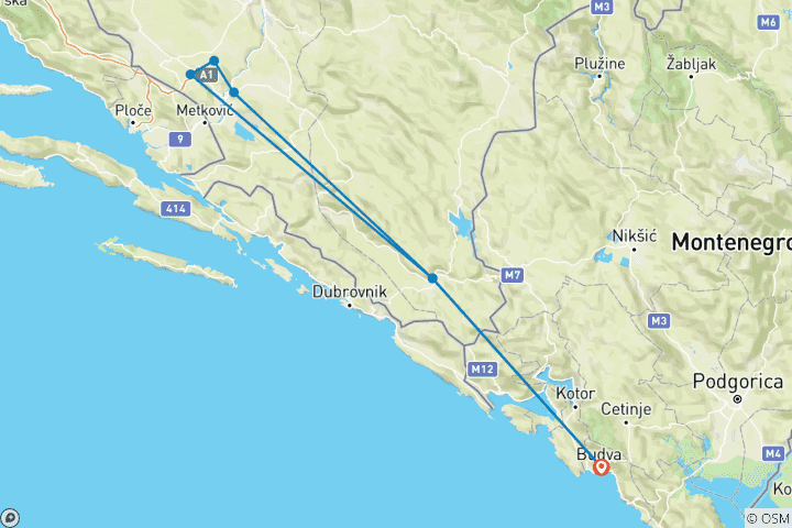 Mapa de Viaje de 2 días desde Petrovac a Medjugorje y las cascadas de Kravica. Bosnia inesperada con el monasterio de Tvrdos, la cueva de Vjetrenica, Radimlja, Mogorjelo, Pocitelj, Stolac.