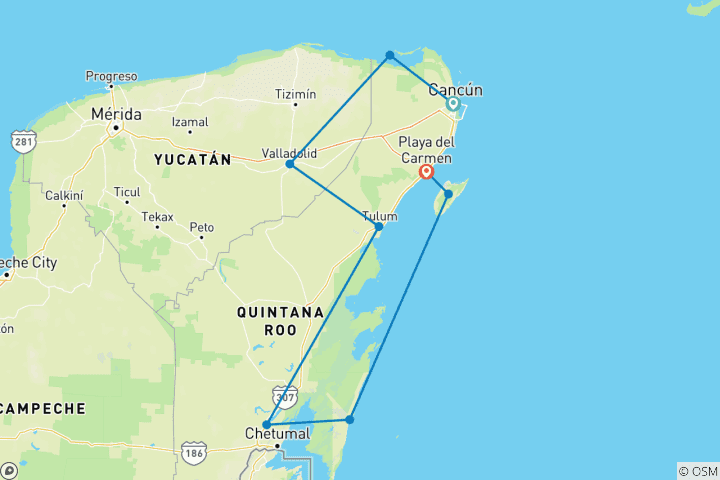 Carte du circuit Aventure sur la Riviera Maya : Découvrez le paradis des plages et bien plus encore...