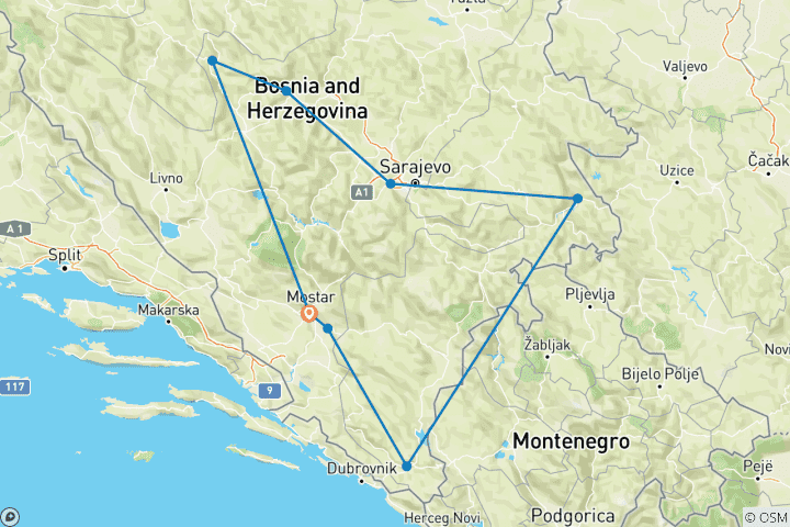 Map of All seasons Bosnia discovery 5 days tour from Mostar. Blagaj, Vjetrenica, Trebinje, Tvrdos, Visegrad, Sarajevo, Travnik, Jajce.