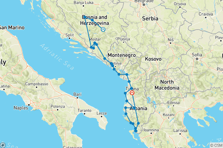 Mapa de Excursión de 19 días para todas las estaciones explorando a fondo Bosnia +montenegro +Albania desde Sarajevo. Los Balcanes fuera de los caminos trillados.