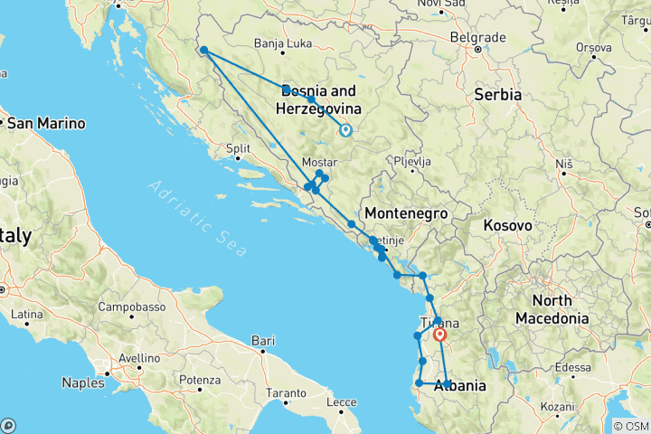 Mapa de Circuito al aire libre de 17 días para todas las estaciones explorando Bosnia +montenegro +Albania desde Sarajevo. circuito al aire libre por los Balcanes