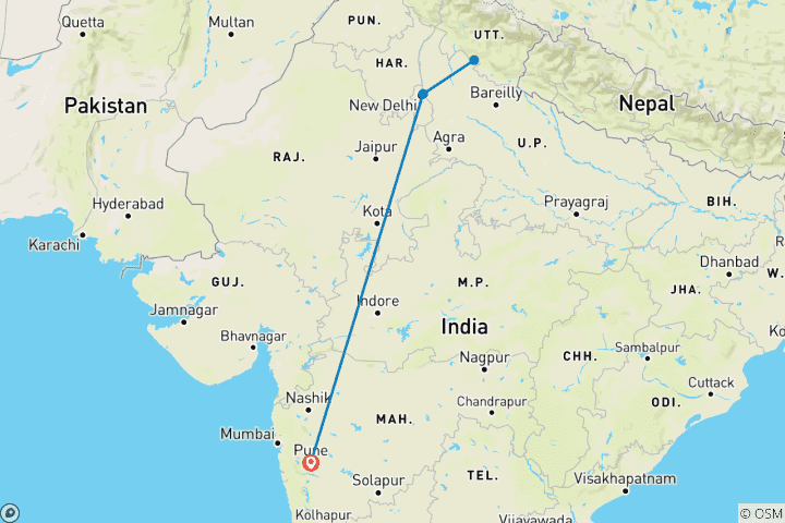 Mapa de Safaris de lujo desde Pune - con vuelos: Avistamiento de tigres en el Parque Nacional de Jim Corbett