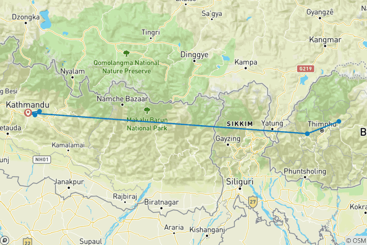 Mapa de Paquete turístico a Nepal y Bután