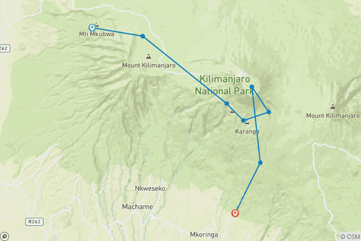 Kaart van Beklim de Kilimanjaro via de Lemosho Route 7 dagen