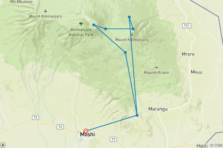 Map of Climb Kilimanjaro Via Rongai Route 7 Days