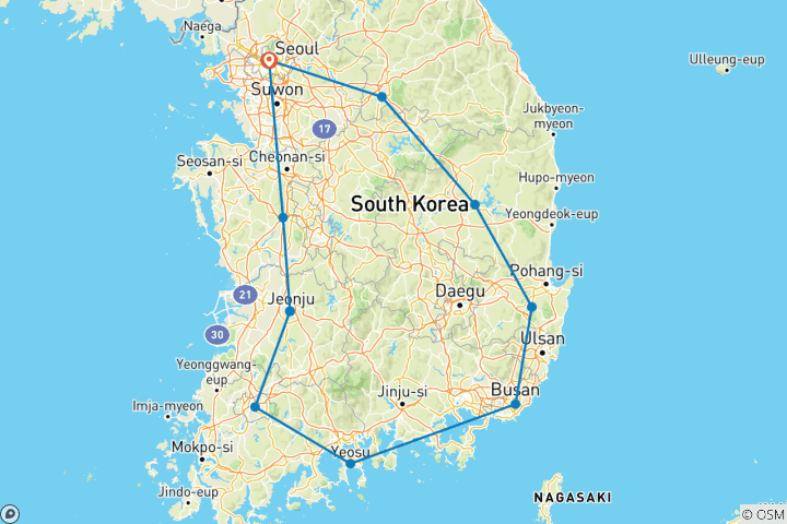 Map of 【South Korea】10 Days Scenic South Korea with Hanbok Royal Cuisine Experience Tour Packages