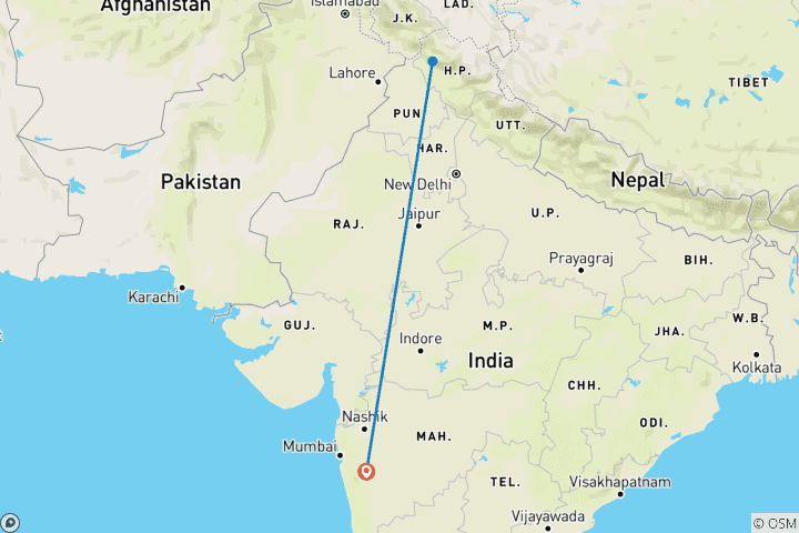 Carte du circuit Visite guidée privée de luxe à Dharamsala et McLeod Ganj - à partir de Pune avec vols : Ville himalayenne à la culture bouddhiste