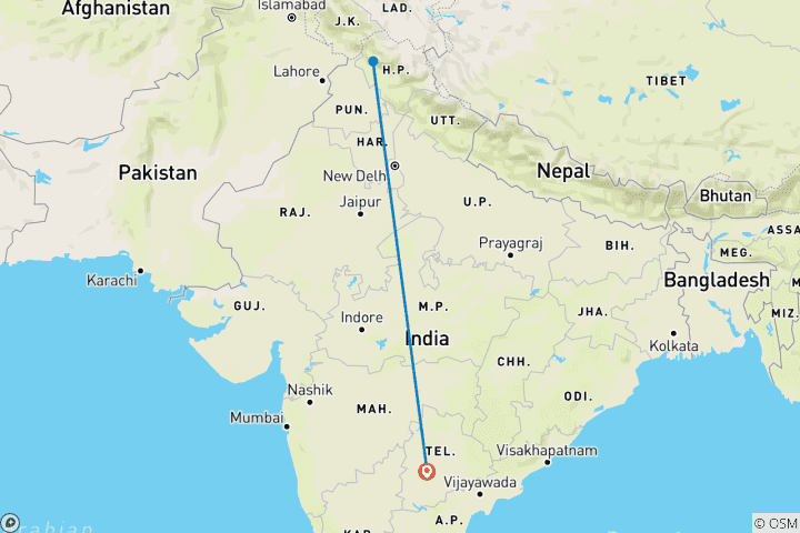 Carte du circuit Dharamsala et McLeod Ganj depuis Hyderabad - avec vols : Une visite guidée privée de luxe