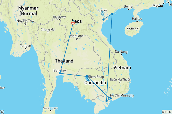 Carte du circuit Trésors d'Indochine 15 jours - Vietnam, Thaïlande, Cambodge, Laos