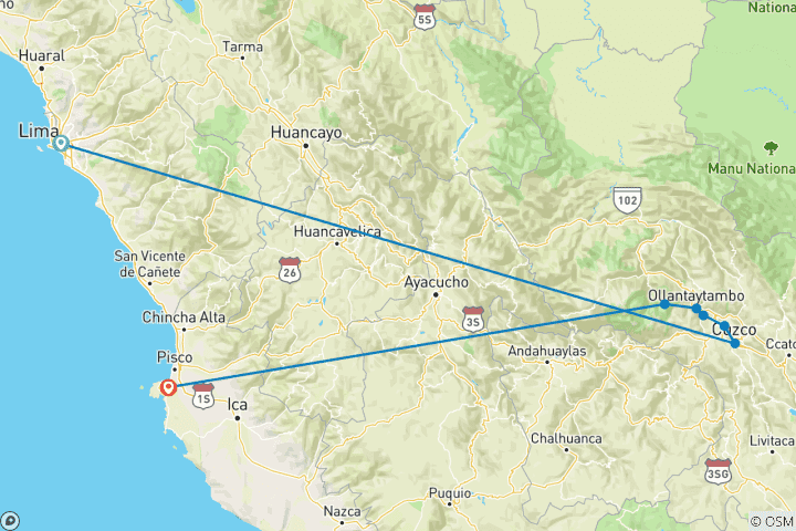 Kaart van Cultureel Perú: Lima, Cusco, Machu Pichu, Paracas, Chinchero, Moray, Sacsayhuaman - 9 dagen
