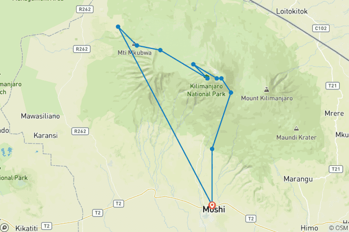 Map of 9 Days Northern Circuit Route Kilimanjaro Hiking Itinerary